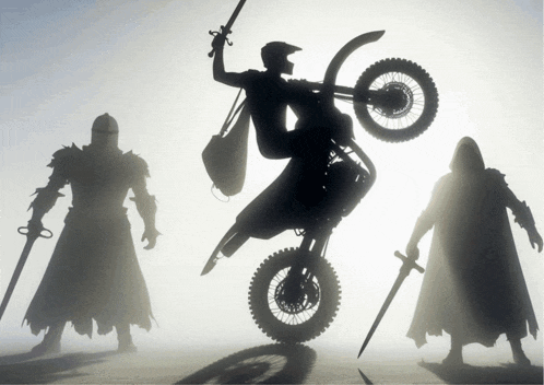 a silhouette of a man on a motorcycle with a sword