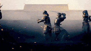 a group of samurai are standing in front of a building holding swords