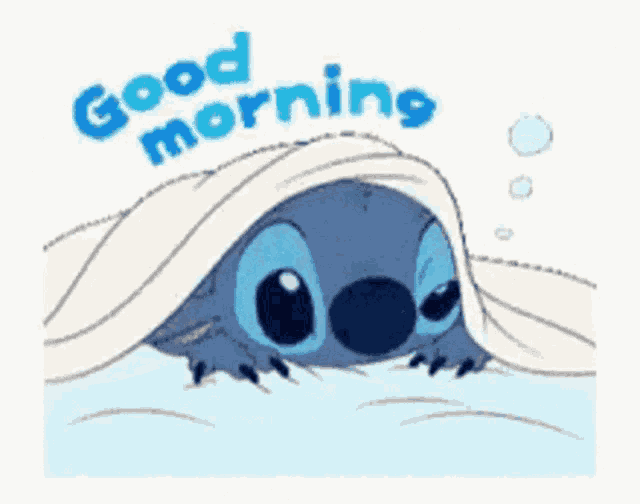 a cartoon of stitch peeking out from under a blanket with the words good morning