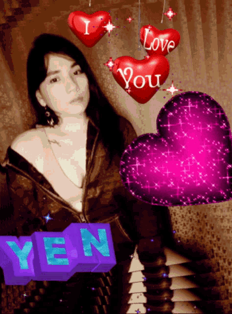 a woman is surrounded by hearts that say i love you on them