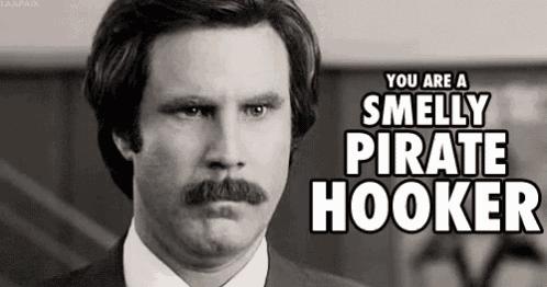 a black and white photo of a man with a mustache and the words `` you are a smelly pirate hooker ''
