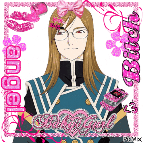 a picture of a man with glasses and a pink bow with the words angel and bitch