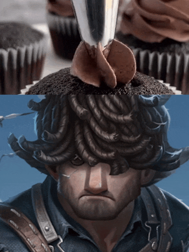 a cupcake with chocolate frosting on top of it and a man with dreadlocks on his head