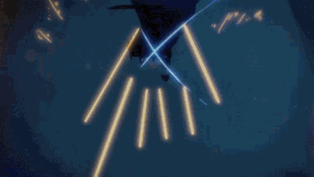 a cartoon character is being attacked by a bunch of glowing lines .