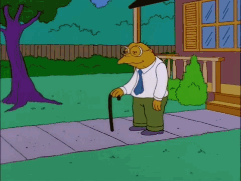 a cartoon character with glasses and a cane is standing on a sidewalk in front of a house