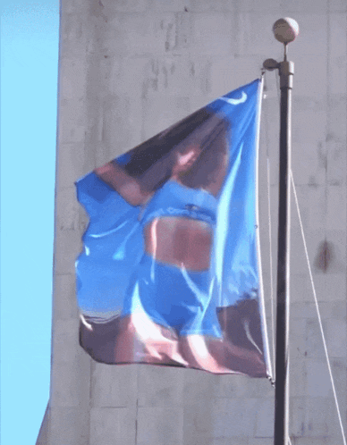 a blue nike flag with a picture of a woman in blue shorts