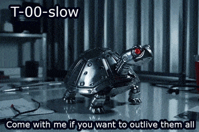 a picture of a robotic turtle with the caption t-00-slow