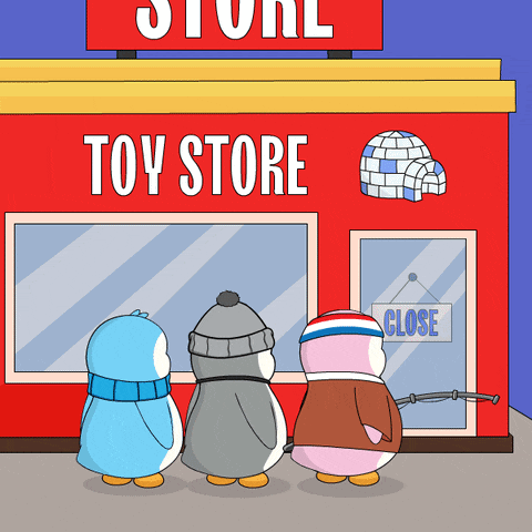 three penguins standing outside of a toy store