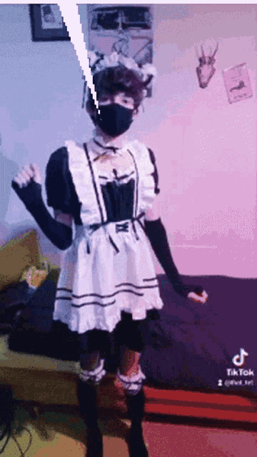 a person wearing a maid costume and a mask