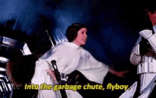 a woman in a white dress is holding a sword and says into the garbage chute , flyboy .