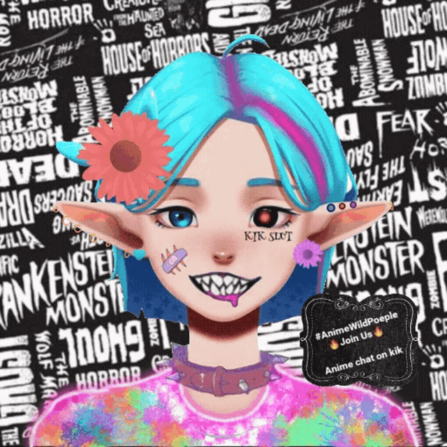 a girl with blue hair has a tattoo on her face that says kik slut