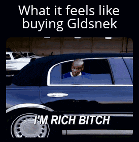 a man is driving a blue limousine with the words " what it feels like buying gldsnek "