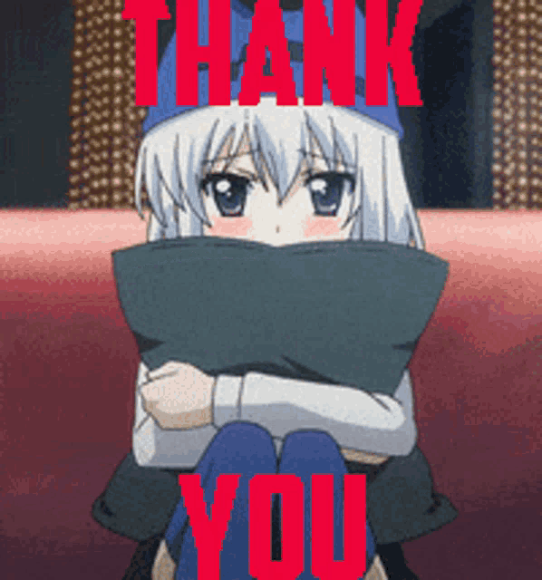 a picture of a girl hugging a pillow with the words thank you on it