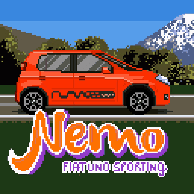 a pixel art of an orange car with the words nemo fiat uno sporting below it