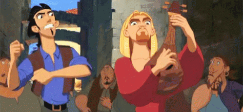a group of cartoon characters are standing next to each other and one of them is holding a guitar .
