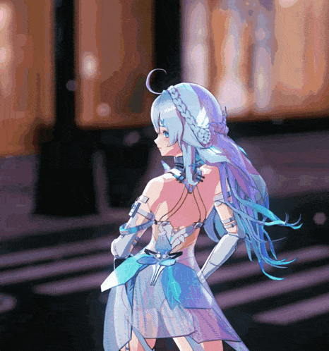 a drawing of a girl with long blue hair and a white dress