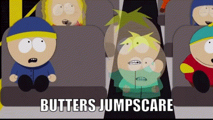 a group of south park characters are sitting in a car with the words butters jumpscare on the bottom .