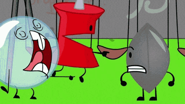 a group of cartoon characters including a pin and a ball