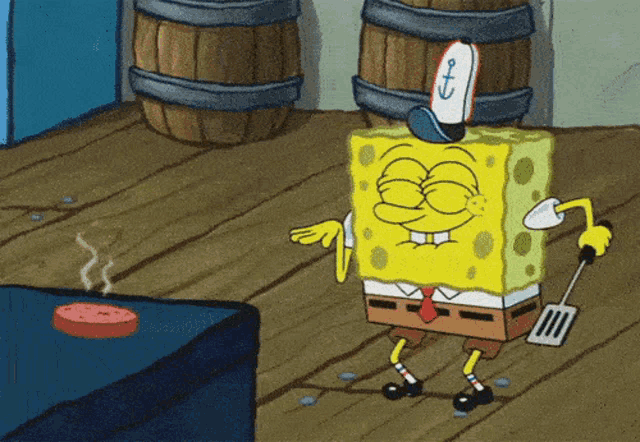a cartoon of spongebob holding a spatula in front of a hamburger