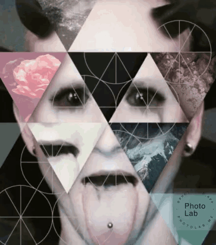 a woman 's face is surrounded by triangles and the words photo lab