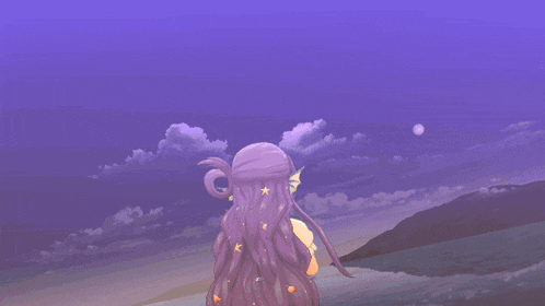 a girl with purple hair and a starfish on her head holds her finger to her mouth