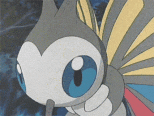 a close up of a cartoon character with blue eyes and wings