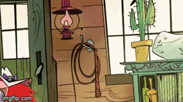 a cartoon drawing of a room with a lantern and a whip hanging on the wall