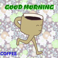 a cartoon of a cup of coffee running with the words good morning coffee written below it