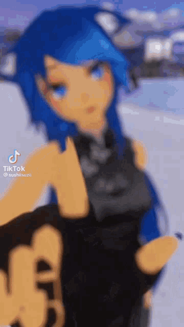 a girl with blue hair and a cat ear is giving the middle finger .