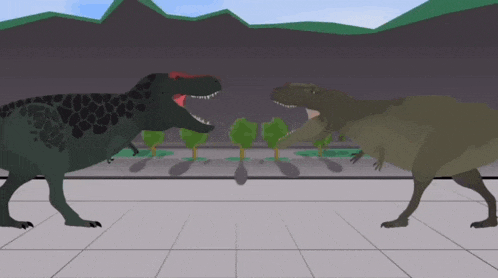 a couple of dinosaurs standing next to each other on a tiled floor