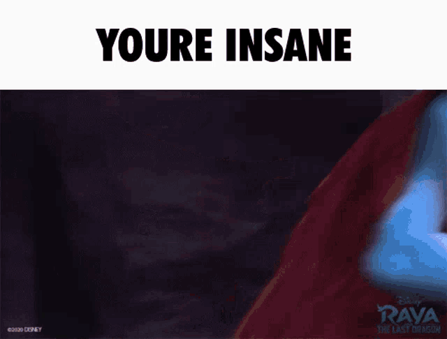a close up of a cartoon character with the words `` youre insane '' written on it .