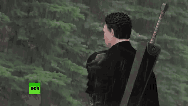 a man holding a large sword in front of trees with rt written on the bottom