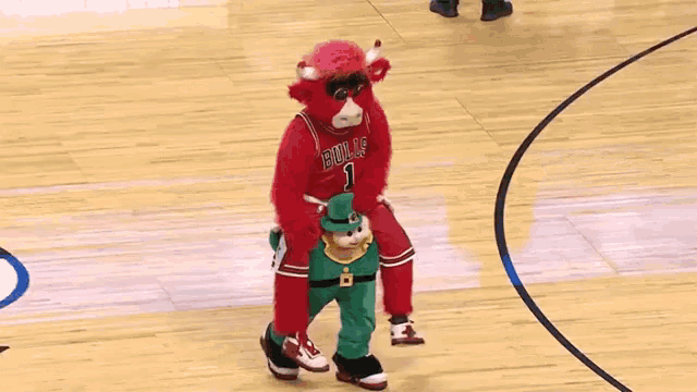 a bulls mascot is carrying a leprechaun on his shoulders