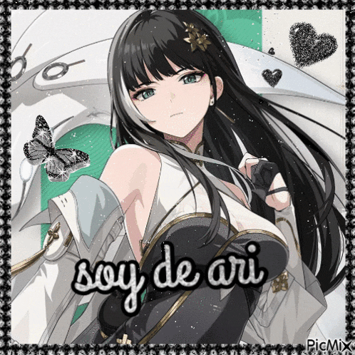 a picture of a girl with the words soy de ari on the bottom