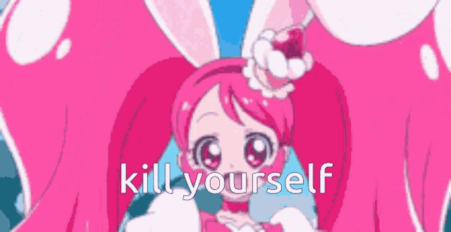 a pink anime girl with a crown on her head and the words `` kill yourself '' above her .