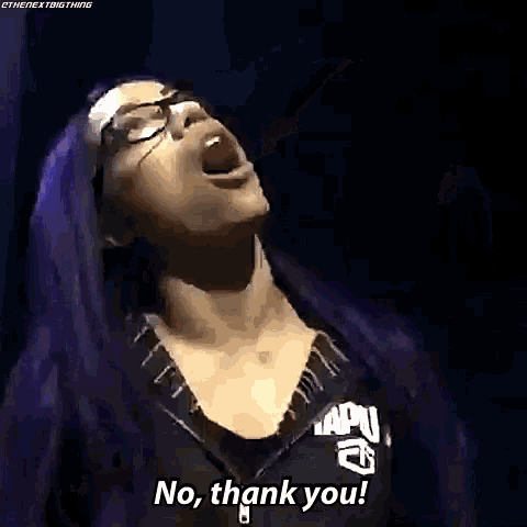 a woman with purple hair and glasses is saying no thank you .