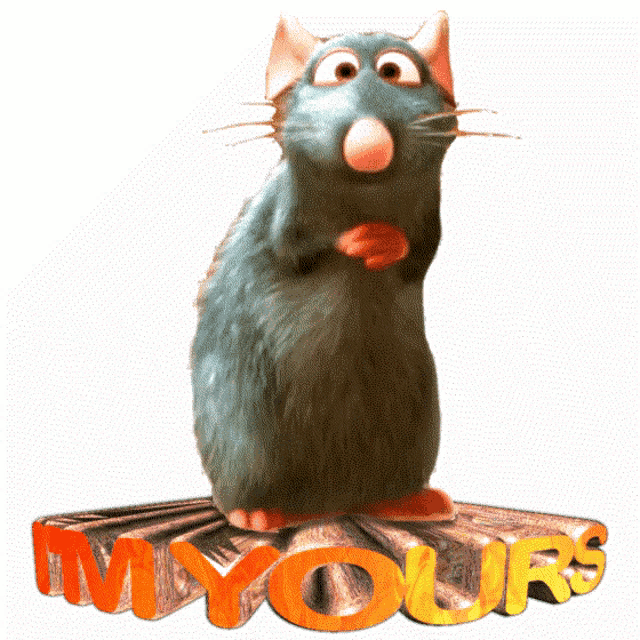 a cartoon rat is standing on top of a sign that says im yours