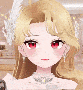 a girl with blonde hair and red eyes wearing a necklace
