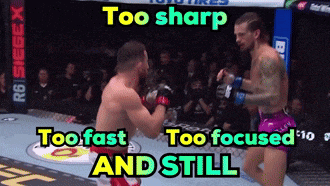 two men are fighting in a boxing ring with the words too sharp too fast too focused and still
