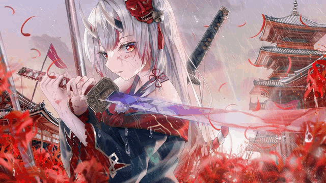 a girl with white hair and red eyes is holding a sword in her hands