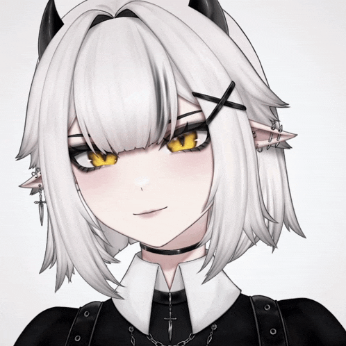 a girl with white hair and horns is wearing a choker