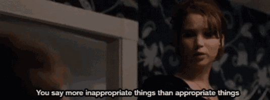 a woman says " you say more inappropriate things than appropriate things " in front of a mirror