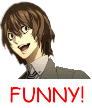 a sticker of a man in a suit and tie with the word funny on it .