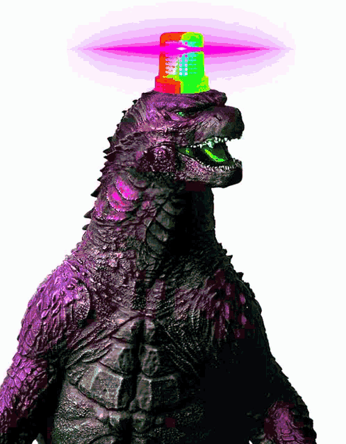 a purple dinosaur with a red and green light on top of it 's head