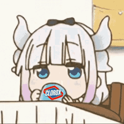a cartoon girl is drinking clorox from a cup .