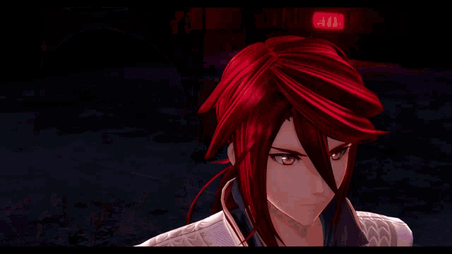 a video game character with purple hair and red hair is talking