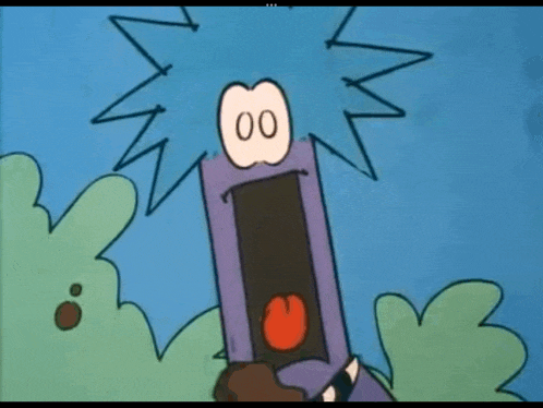a cartoon drawing of a purple object with a surprised look on its face