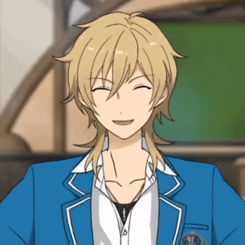 a boy with blonde hair is wearing a blue jacket and white shirt
