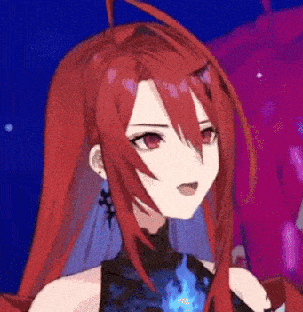 a close up of a red haired anime girl wearing earrings and a black top .