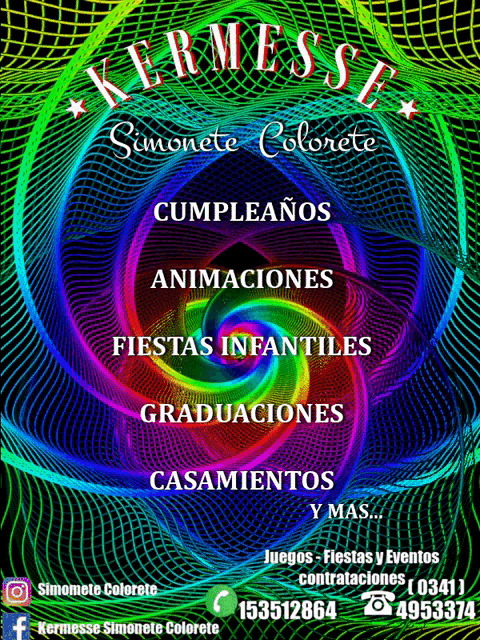 a poster for kermesse simonete colorete shows a rainbow colored swirl